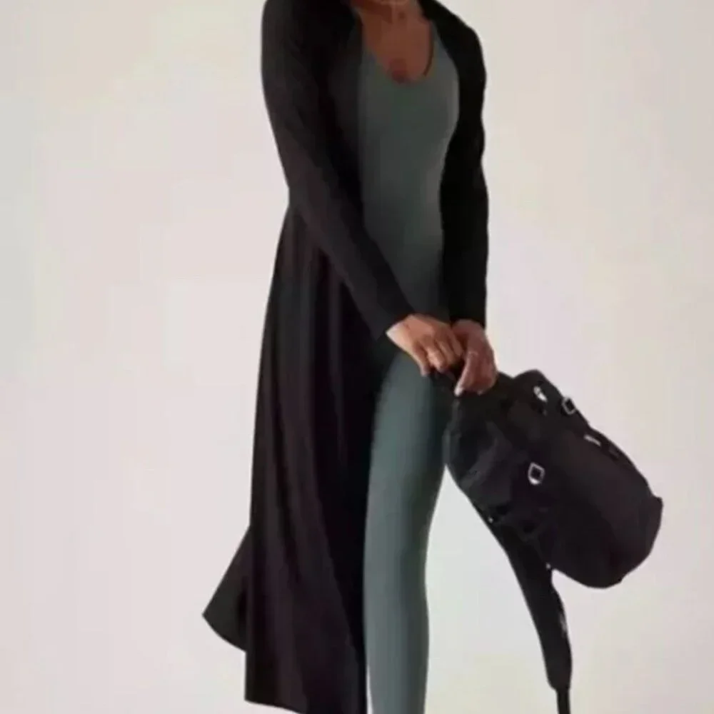 Athleta Black Midi Shirt Dress W/ Collar & Long Sleeves Button Front Size M - Picture 2 of 14